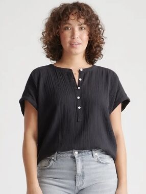 Quince 100% Organic Cotton Gauze Roll Sleeve Shirt - Black